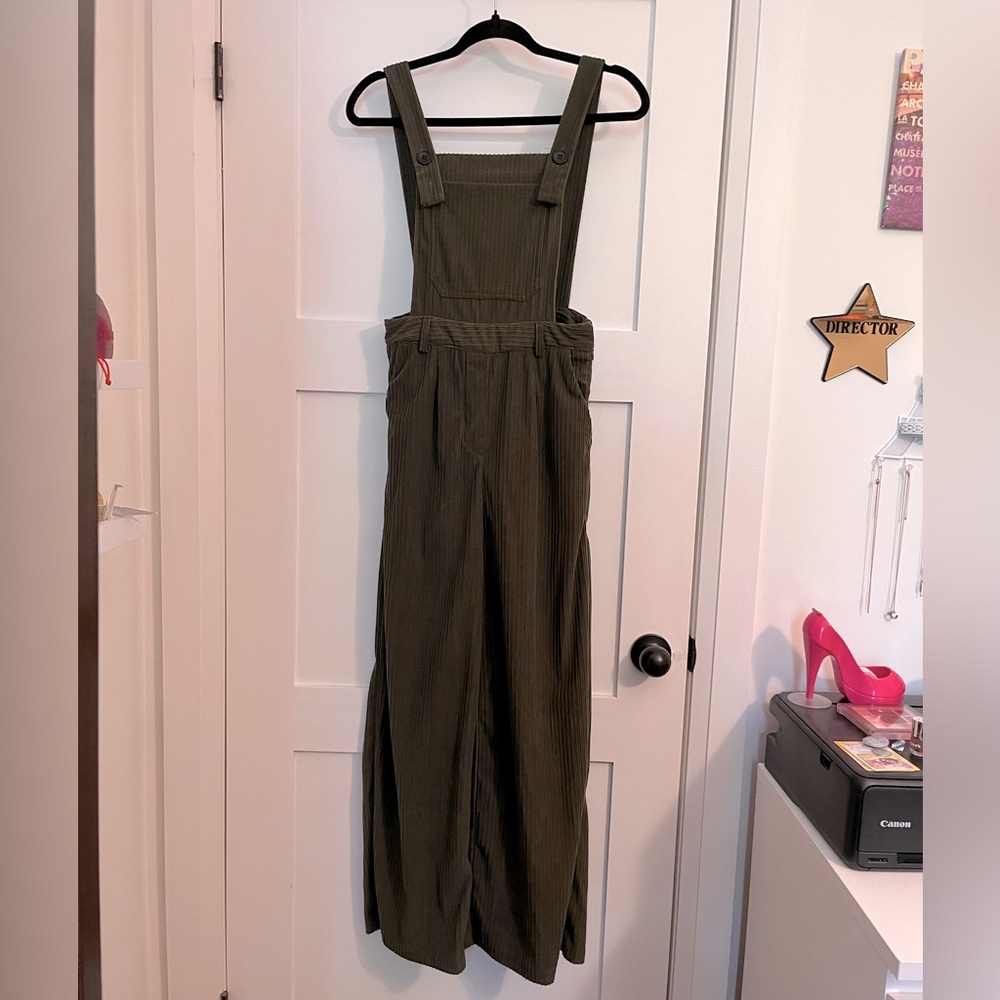 Dark olive green wide-leg overalls with pockets